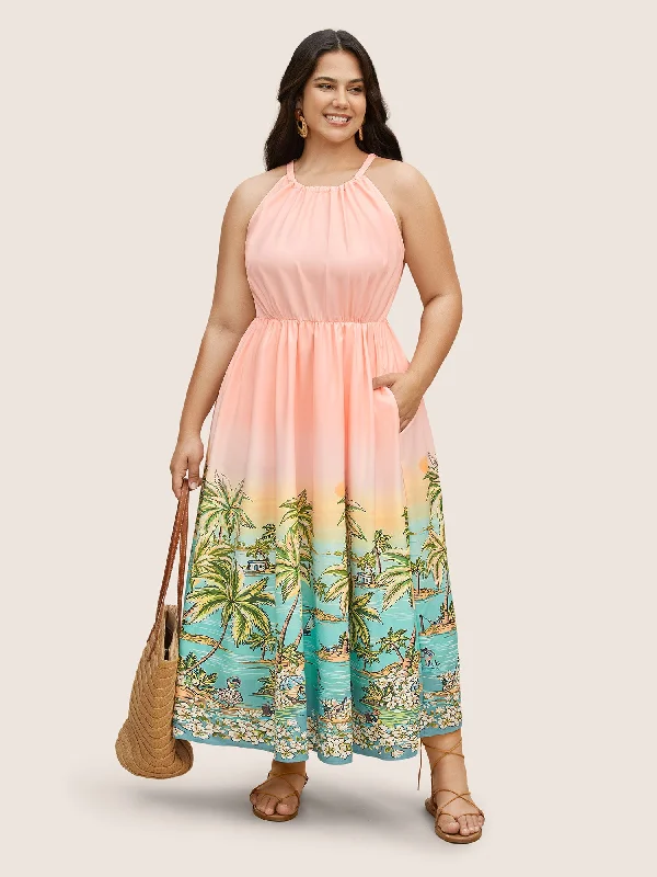 Sale Event, Prices Rock Halter Neck Tropical Print Gathered Pocket Dress