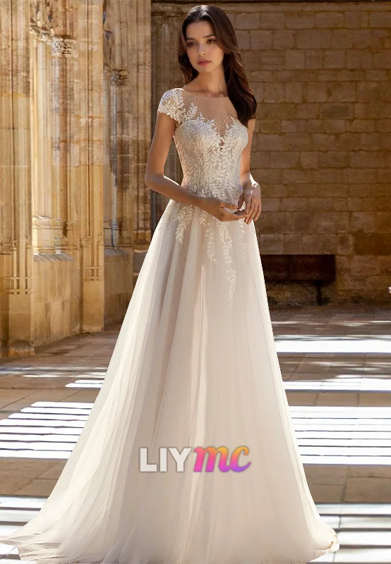 Women's Clothing For Work V-Neck Cap Sleeves Lace Appliquess Tulle A-Line Wedding Dress