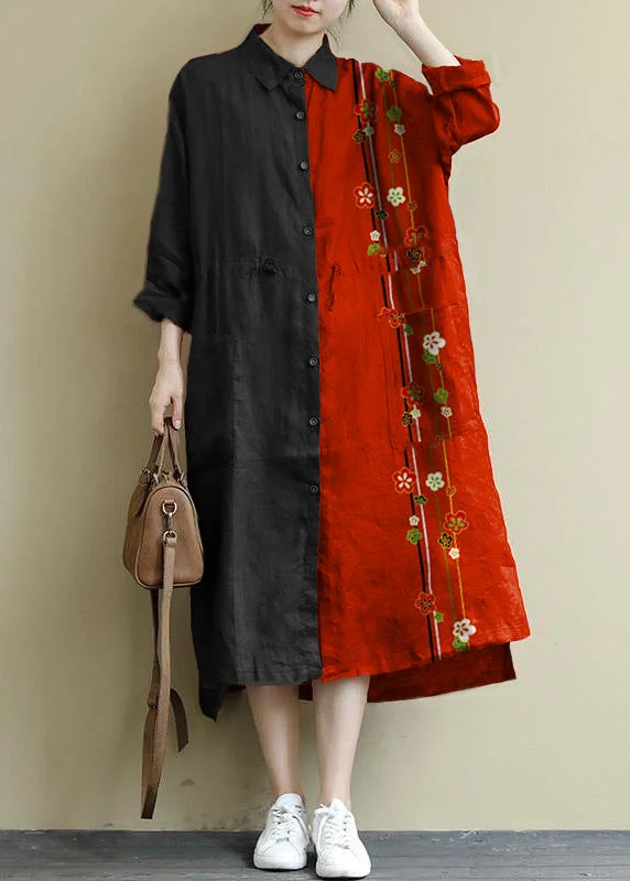 Women's Clothing For Everyday Wear red flower Linen Shirt Dress Casual Oversize Spring Maxi Dresses