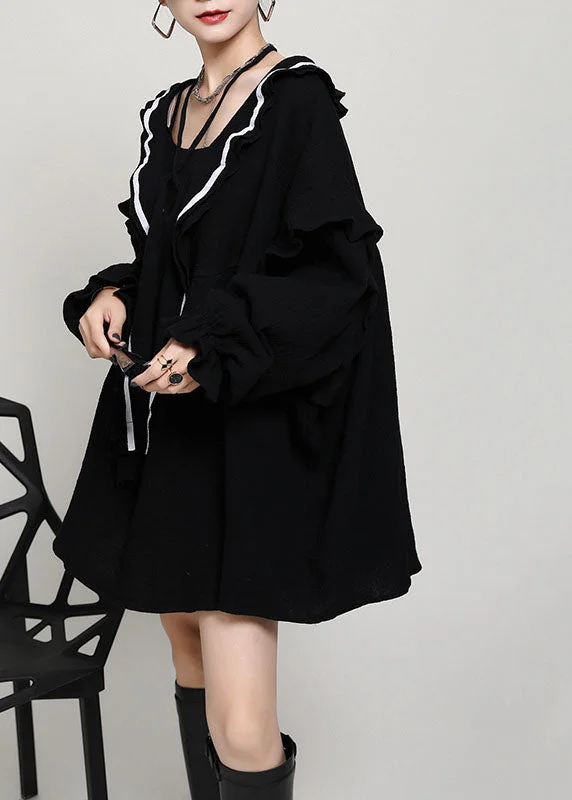 Formal Clothing For Women Comfy Black V Neck Ruffles asymmetrical design Fall Maxi Dresses Long sleeve