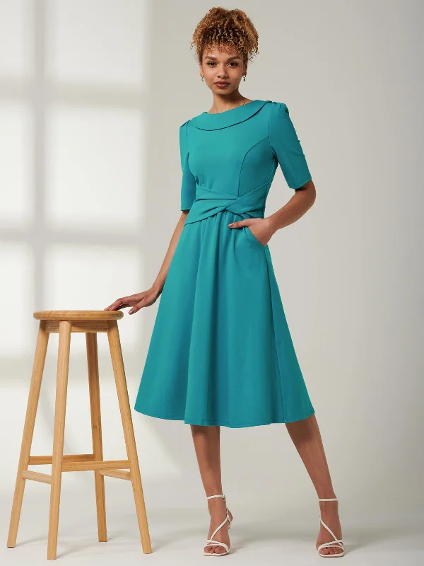 Trendy Athleisure Clothing For Women Maayan Fold Neck Dress, Persian Green