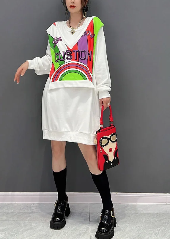 Women's Clothing Stores White O-Neck Print Fake Two Pieces Cotton Mid Dresses Winter Women's Clothing Stores White O-Neck Print Fake Two Pieces Cotton Mid Dresses Winter