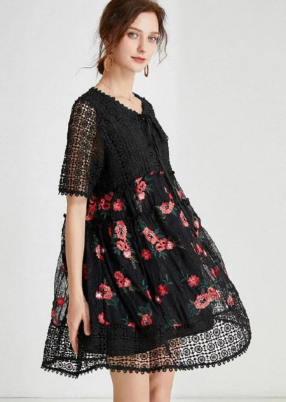 Women's Clothing For Everyday Wear Plus Size Black O-Neck Patchwork Summer Lace Holiday Dress