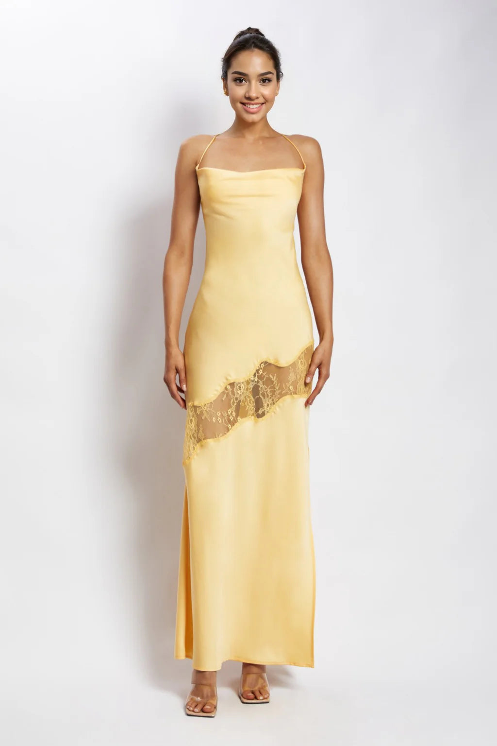 Women's Clothes For The Office Chandra Lace Detail Satin Maxi Dress - Lemon