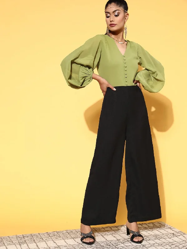 Tailored Clothing For Women Women Green & Black Volume Sleeve Jumpsuit