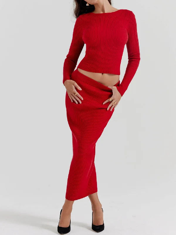 Stylish And Comfortable Clothing For Women Red Knit-Blend Stylish Maxi Skirt