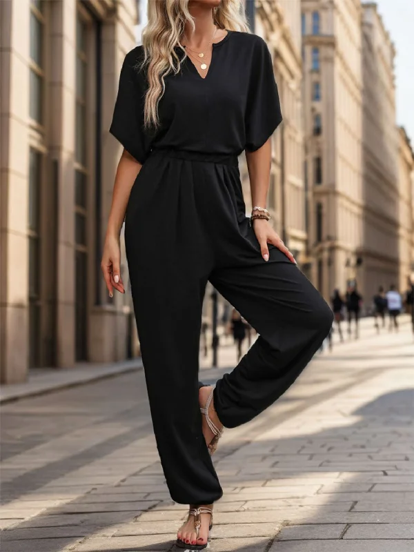 Women's Holiday Clothing Notched Half Sleeve Straight Jumpsuit