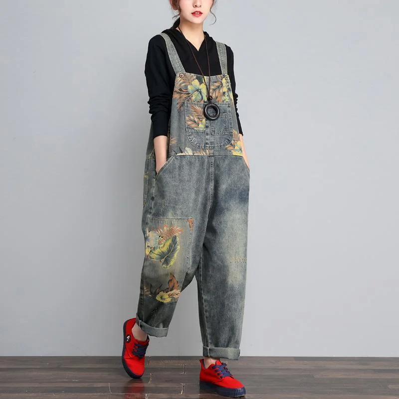 Trendy Women's Collection Women Loose Retro Printed Denim Jumpsuits