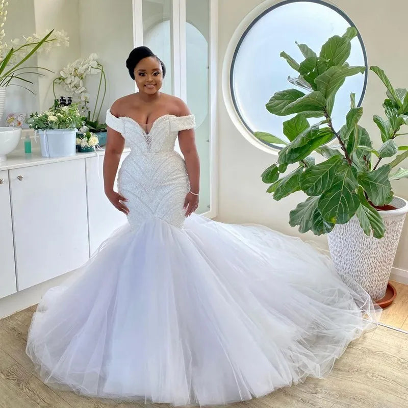 Women's Trendy Casual Clothes Plus Size Beaded Tulle Mermaid Wedding Dresses Off The Shoulder Lace Appliques Africa Bridal Dress Aso Ebi Wedding Gowns