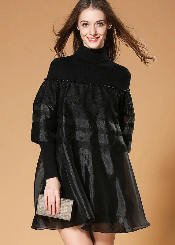 Women's Clothing for Every Occasion Elegant Black Turtle Neck Nail Bead Patchwork Organza Knit Dresses Spring Women's Clothing for Every Occasion Elegant Black Turtle Neck Nail Bead Patchwork Organza Knit Dresses Spring