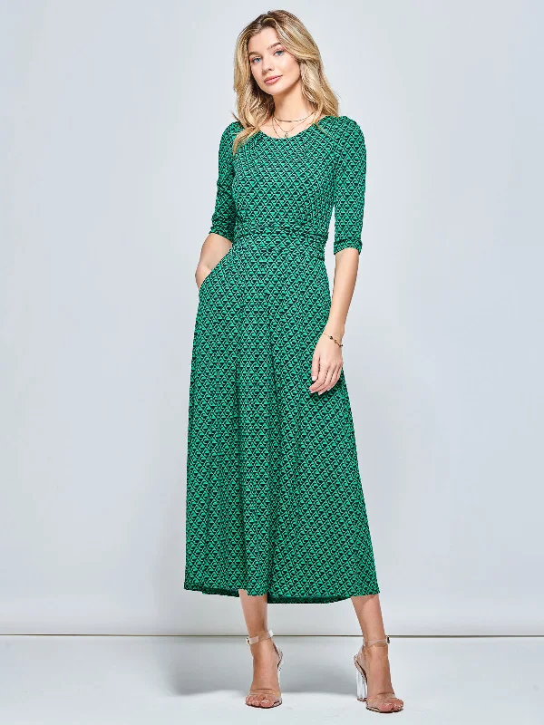 Women's Elegant Clothing Sets Round Neck Sleeved Jersey Maxi Dress, Green Geometric