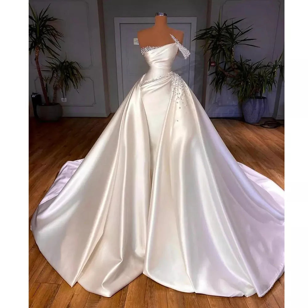 Trendy Athleisure Clothing For Women Msikoods Satin Church Wedding Dresses Elegant Vintage One Shoulder Beads Wedding Bride Dresses White A Line Arabic Wedding Gowns