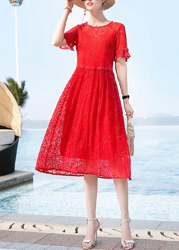 Chic Clothes For Women Bohemian Red O-Neck Original Design Lace Dresses Short Sleeve