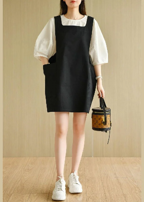 Women's Active Clothing Modern Black Square Collar Pockets Summer Cotton Dresses Sleeveless