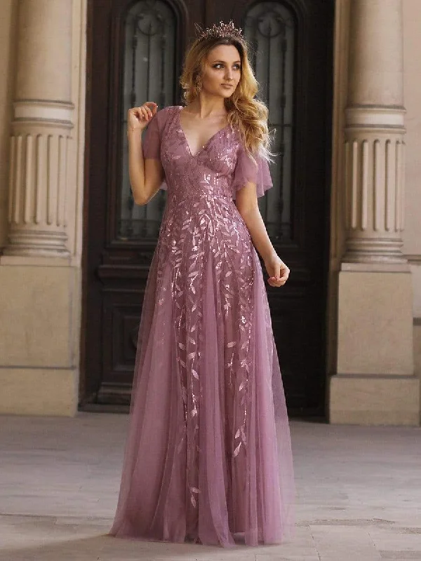 Women's High-End Clothing Romantic Shimmery V Neck Ruffle Sleeves Maxi Long Evening Gowns