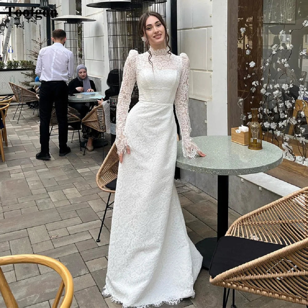 Chic Clothing For Women Delicated Lace Formal Wedding Dresses Long Sleeves High Neck Buttons Bridal Gowns Floor Length Bride Weding Party Gowns