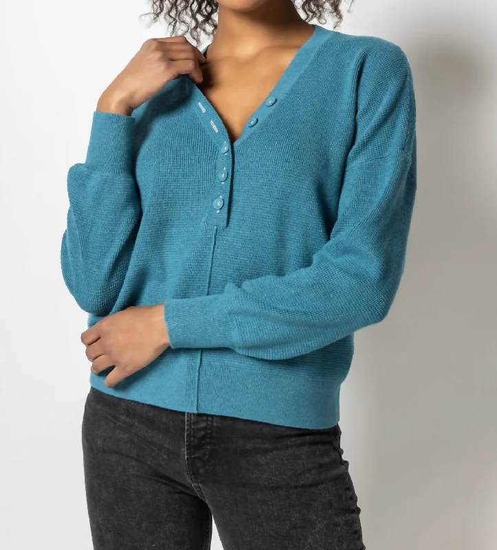 Sustainable Women's Clothing Easy Button Henley Sweater In Baltic Blue