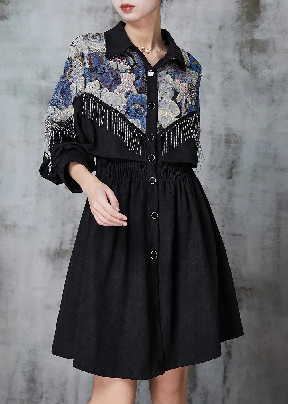 Women's Evening Clothing Women Black Tasseled Patchwork Cotton Dress Spring