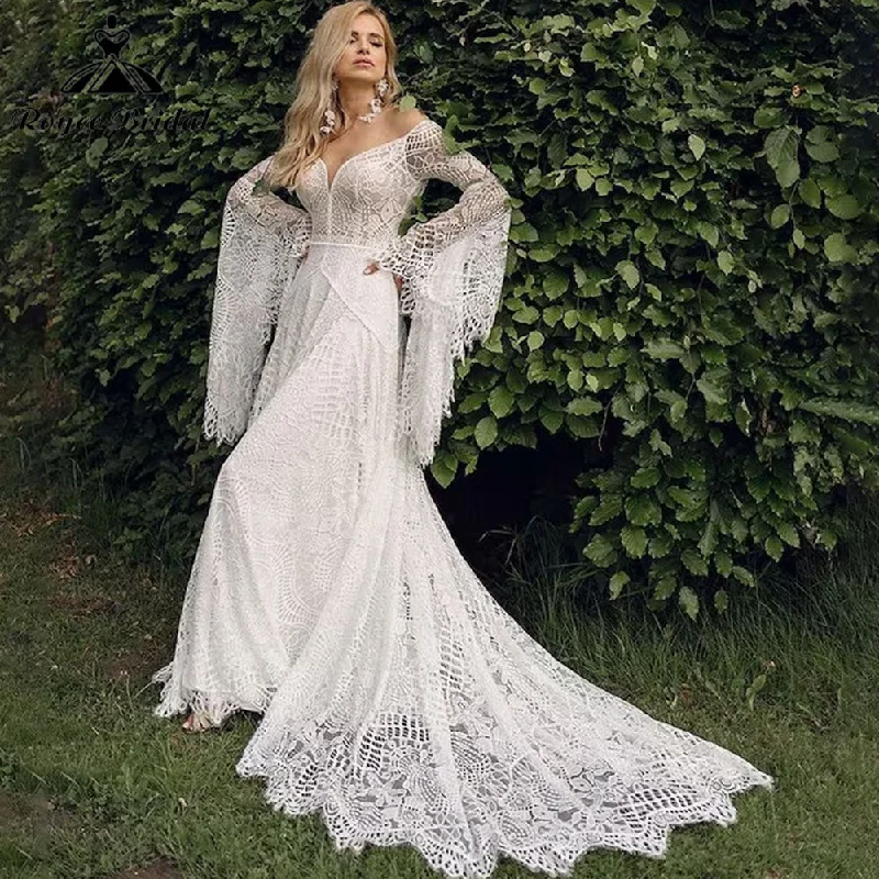 Women's Occasion Wear Clothing Women's Wedding Dresses Boho for Bride Plus Size Lace Beach Bridal Gowns with Long Sleeves Bohemian Wedding Gowns