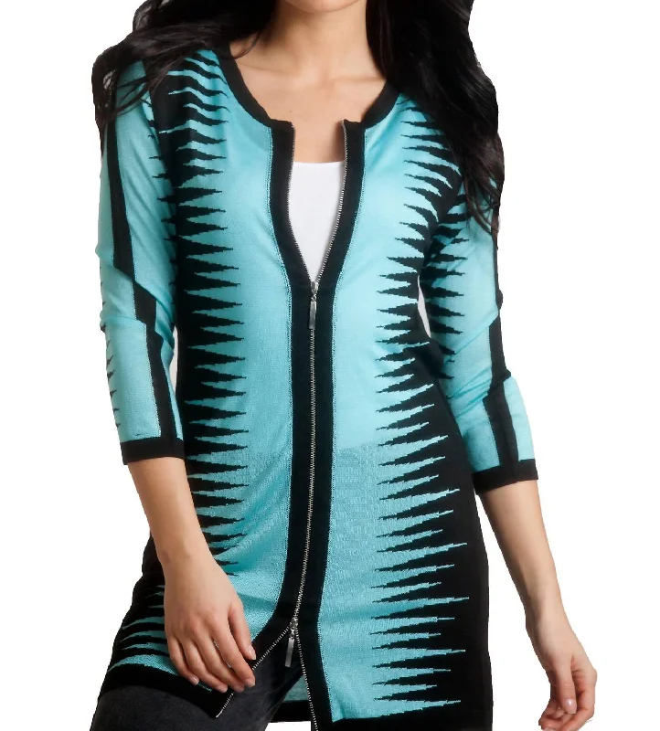 Vintage-Inspired Women's Clothes Zig-Zag Zip Long Cardigan In Black/aqua