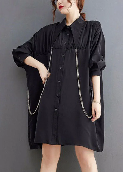 Comfortable Women's Clothing French Black Peter Pan Collar Patchwork Shirt Dresses Spring