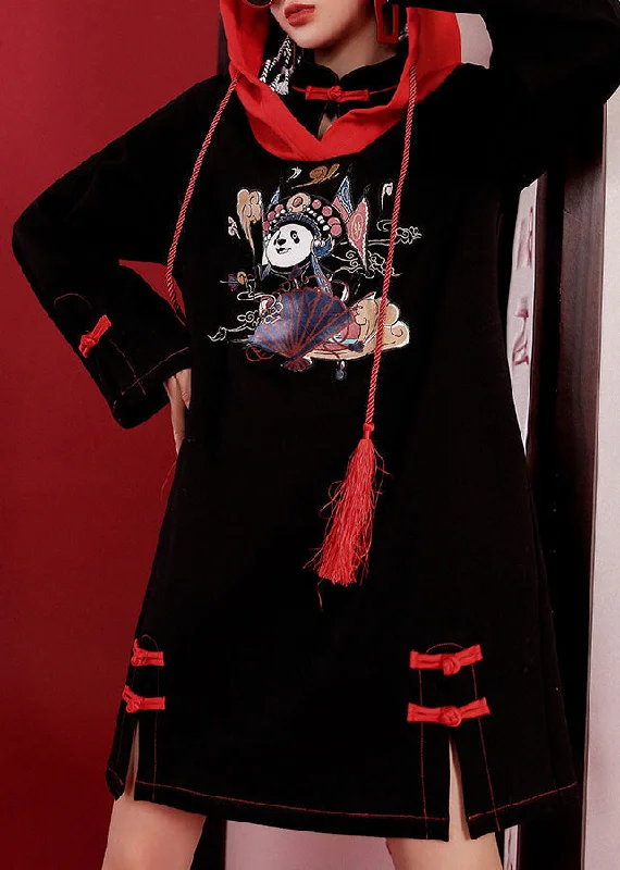 Style Your Wardrobe Elegant Black Print Drawstring Button Hooded Mid Dresses Long Sleeve Style Your Wardrobe Elegant Black Print Drawstring Button Hooded Mid Dresses Long Sleeve