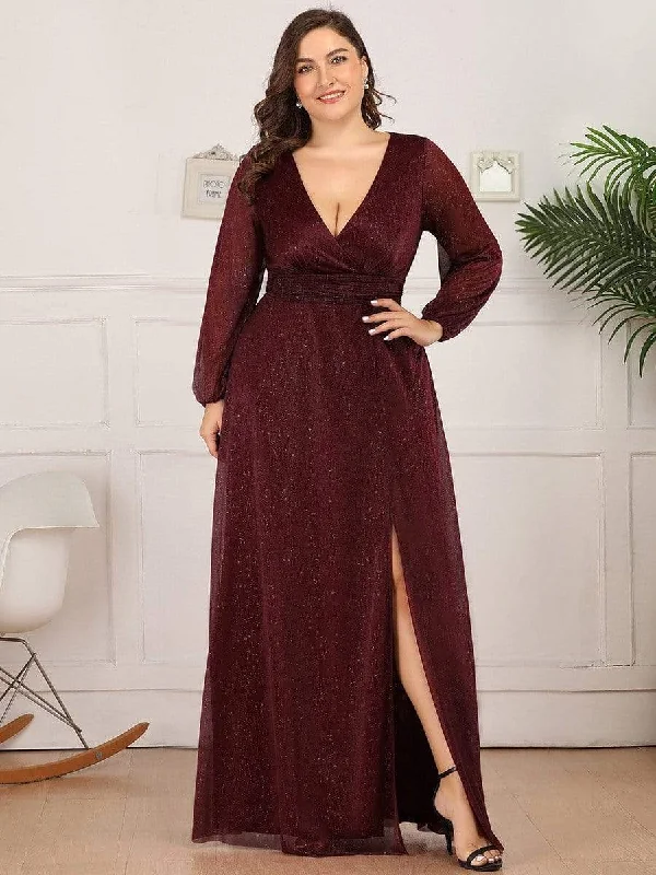 Women's Plus-Size Clothes Women's Sexy V-Neck Shiny Plus Size Evening Dresses with Long Sleeve