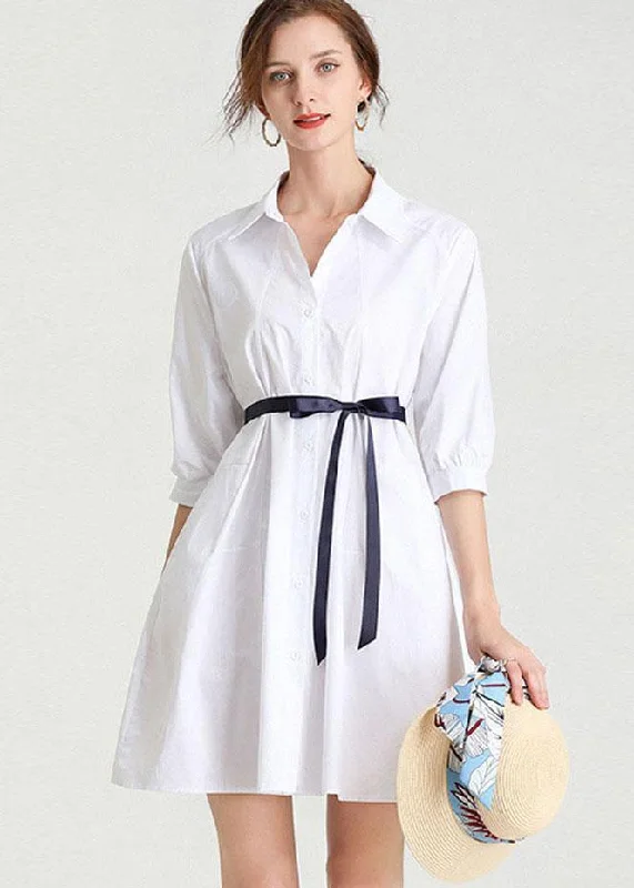 Women's Clothing Chic White fashion Bow Summer Cotton Holiday Dress Half Sleeve