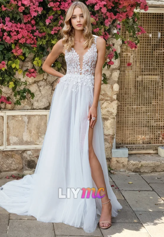 Women's Clothing For Everyday Wear V-Neck Sleeveless Appliques Open Back A-Line Beach Wedding Dress