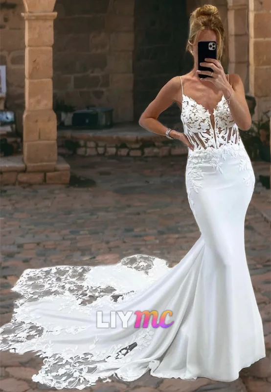 Women's Formal Clothes V-Neck Sleeveless Appliques Backless Mermaid Wedding Dress