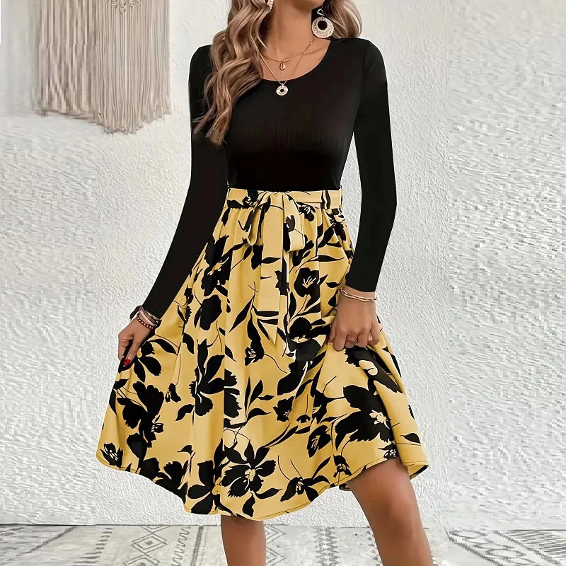 Comfortable Women's Clothing Skinny Elastic High Waisted Floral Print Full Sleeve A-line Midi Dress