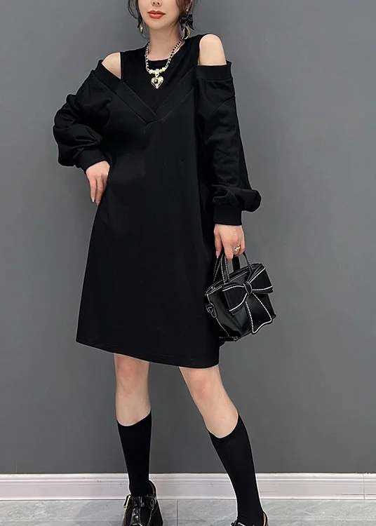 Trendy Boutique Online Modern Black O-Neck Fake Two Pieces Knit Mid Dresses Fall