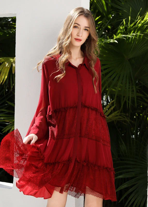 Best Clearance Sales Right Now Red Patchwork Lace Chiffon Shirt Dress Ruffled Exra Large Hem Spring Best Clearance Sales Right Now Red Patchwork Lace Chiffon Shirt Dress Ruffled Exra Large Hem Spring