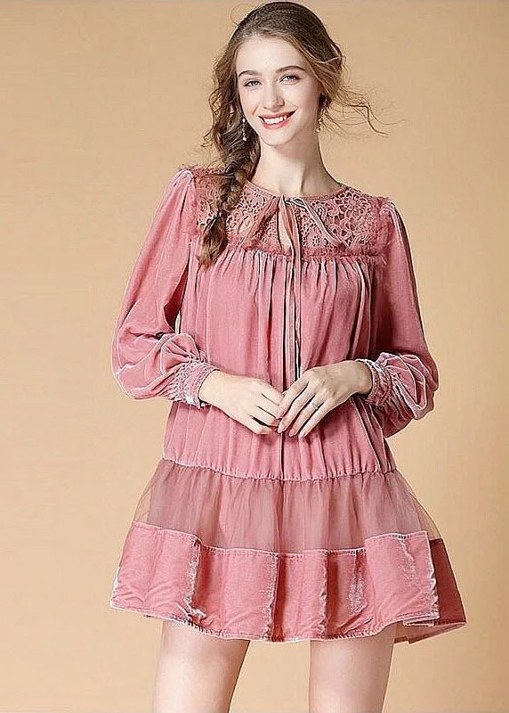 Chic Wardrobe Essentials Beautiful Pink Embroideried Lace Up Patchwork Velour Dress Spring Chic Wardrobe Essentials Beautiful Pink Embroideried Lace Up Patchwork Velour Dress Spring