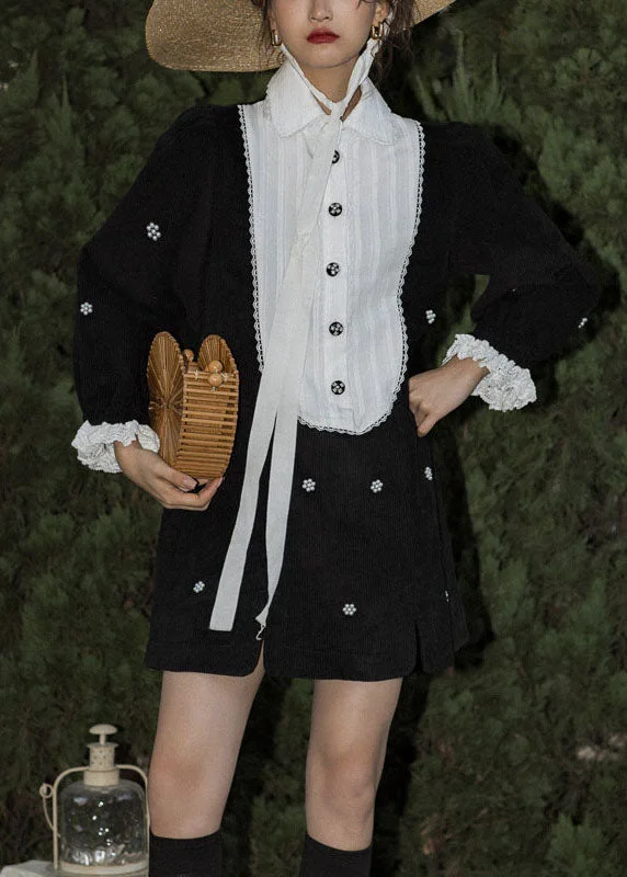 Chic Style, Always In Vogue Boutique Black Peter Pan Collar Patchwork Corduroy Dresses Spring Chic Style, Always In Vogue Boutique Black Peter Pan Collar Patchwork Corduroy Dresses Spring