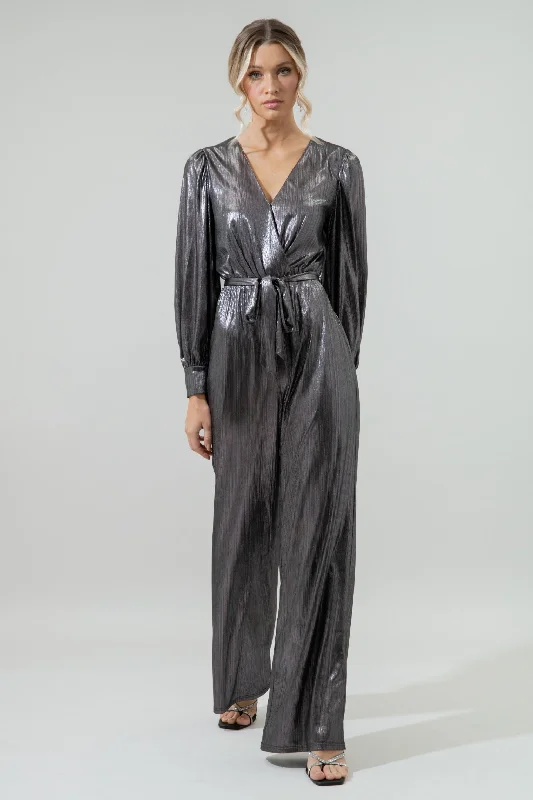 Women's Party Clothes Pewter Metallic Rib Lurex Balloon Sleeve Jumpsuit