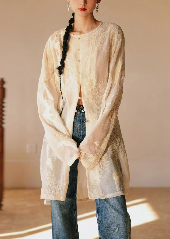 Flash Sale Online New Retro Beige Embroidered Shirts Dress Long Sleeve