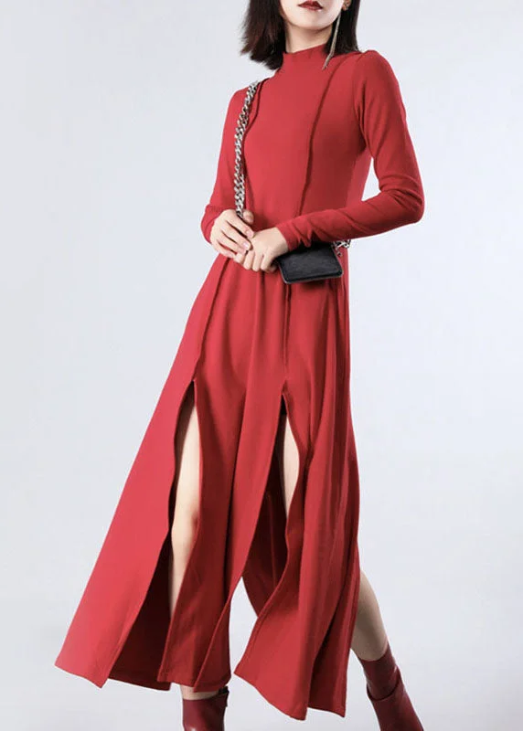 Women's Party Clothes Italian Red Stand Patchwork Asymmetrical Design Fall Dresses Long sleeve