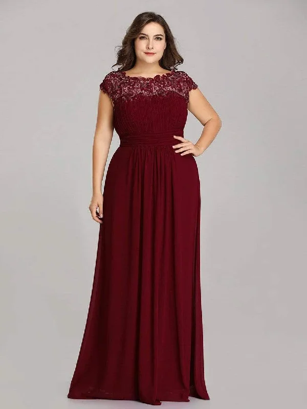 Stylish Outerwear Clothing For Women Maxi Long Lace Cap Sleeve Elegant Plus Size Bridesmaid Dress