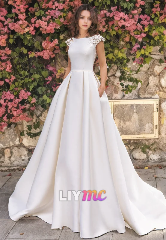 Women's Tops And Clothing Scoop Cap Sleeves Appliques Sleek Satin Pleated A-Line Wedding Dress