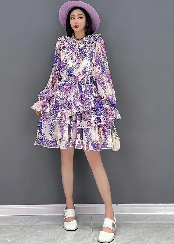 Women's Clothing For Outdoor Events Elegant Purple Stand CollarAsymmetrical Ruffled Chiffon Mid Dress Long Sleeve