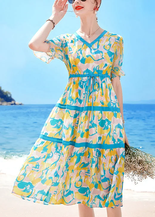 Vintage-Inspired Women's Clothes Beautiful Lake Blue V Neck Drawstring Print Chiffon Beach Dresses Short Sleeve