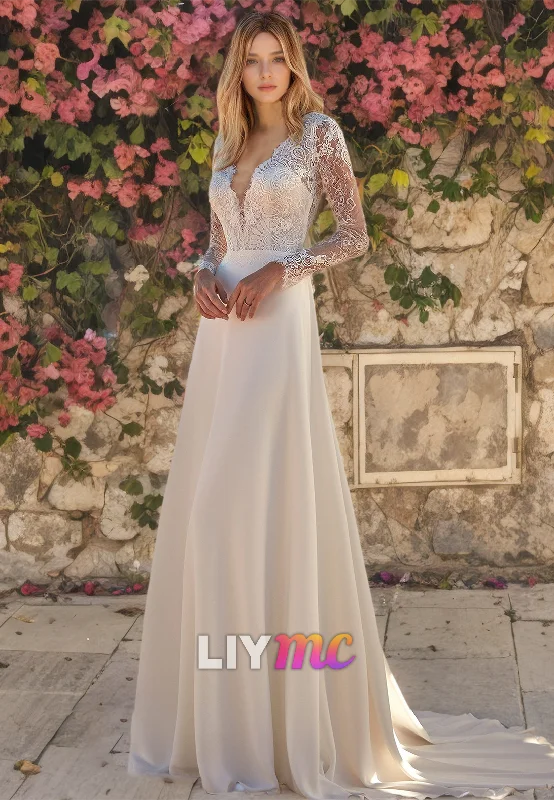 Women's Fashionable Clothing Sets V-Neck Long Sleeves Appliques A-Line Wedding Dress