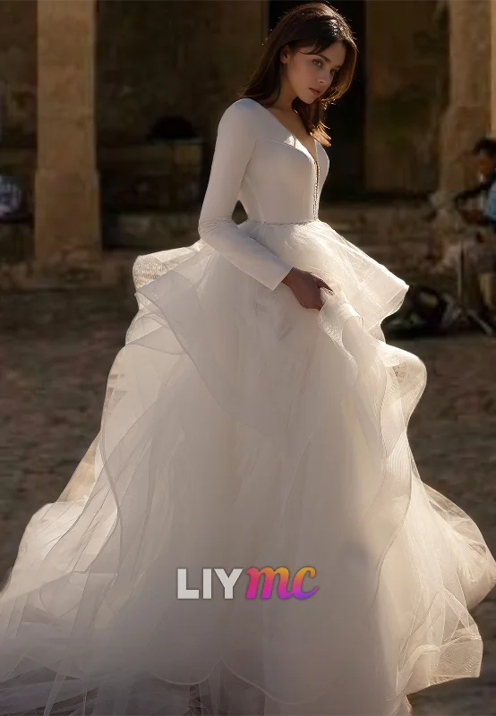 Women's Clothing For Work V-Neck Long Sleeves Tiered Ball Gown A-Line Wedding Dress