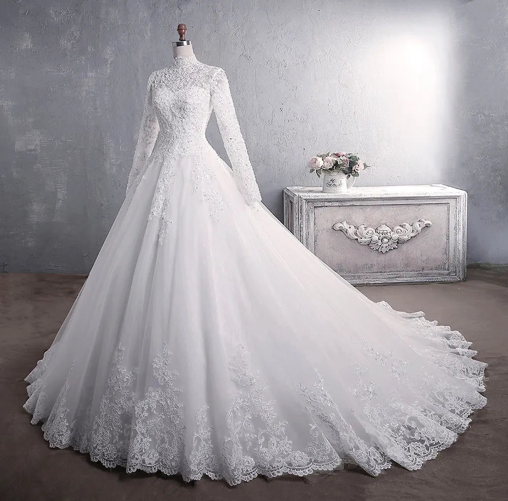 Women's Holiday Clothing Muslim Wedding Dress  Elegant High Neck With Train Princess Bride Dress Luxury Lace Embroidery Wedding Gown Vestido De Noiva