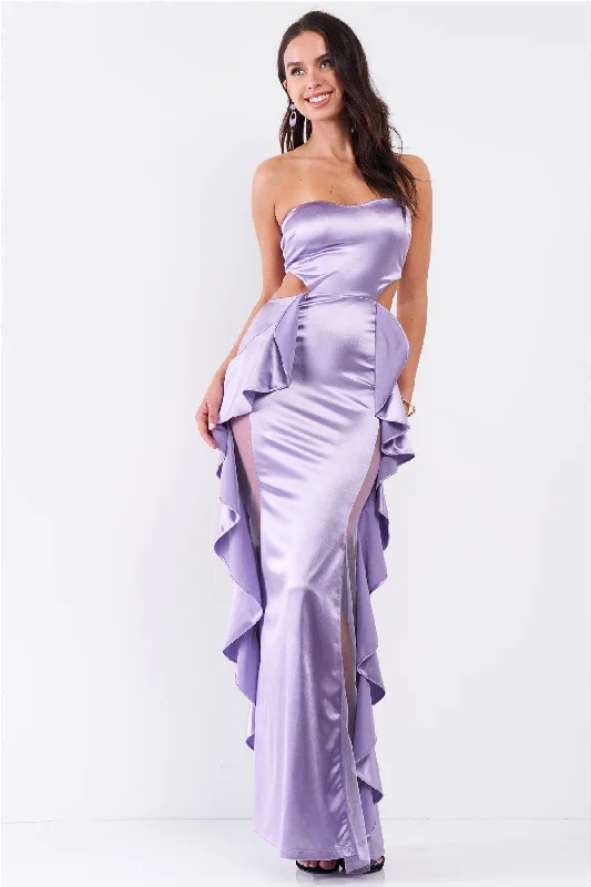 Plus-Size Women's Clothing Lilac Satin Effect Sleeveless Sweetheart Neckline Open Back Ruffle Side Detail Maxi Dress /3-2-1