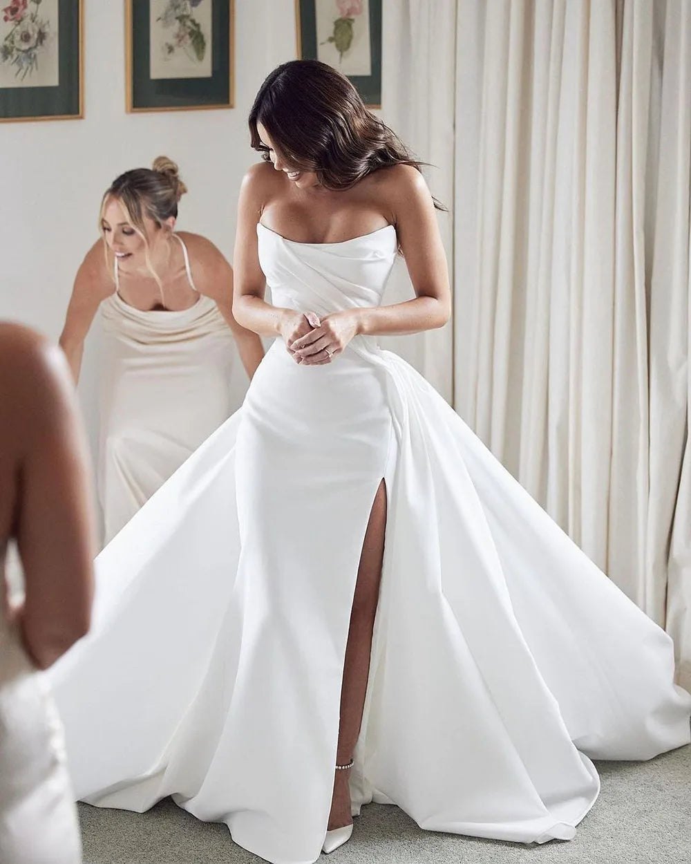 Women's Elegant Clothes Sexy Satin Wedding Dresses With Detachable Train Sweetheart Slit Wedding Gowns White Bride Dresses Customzie To Measures