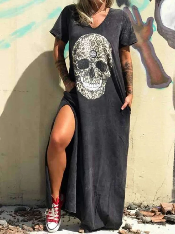 Women's Trendy Clothing V-neck Short-sleeved Skull Print Slit T-shirt Dress