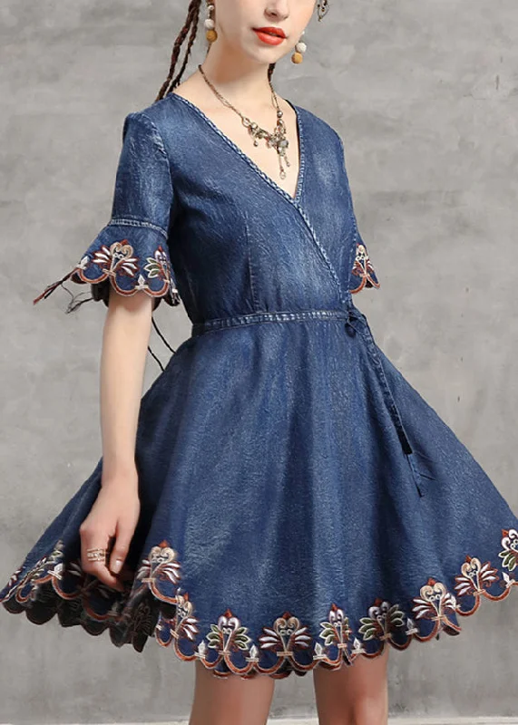 Charming Women's Clothes For Special Events Handmade Denim Blue V Neck Embroideried Tie Waist Cotton Mini Dresses Short Sleeve