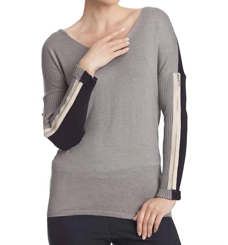 Affordable Women's Clothing V-Neck Zipper Sleeve Sweater In Gray Multi